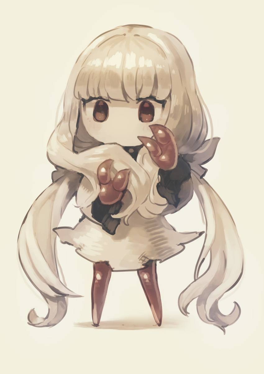 1girl absurdres dress eye_(okame_nin) fewer_digits full_body grey_background highres long_hair long_sleeves looking_at_viewer okame_nin original rags red_eyes simple_background solo standing very_long_hair white_dress white_hair white_skin