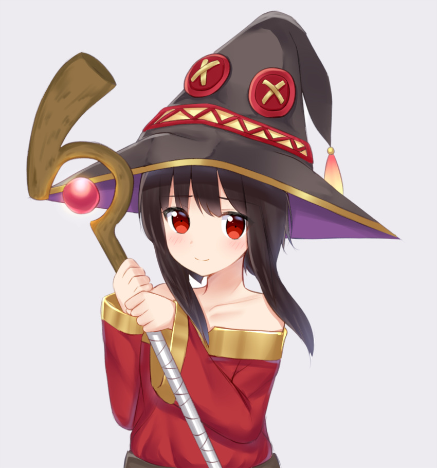 1girl bare_shoulders blush brown_hair closed_mouth dress glowing_staff grey_background hands_up hat highres holding holding_staff kake_kan kono_subarashii_sekai_ni_shukufuku_wo! long_sleeves looking_at_viewer medium_hair megumin red_dress red_eyes sidelocks simple_background smile solo staff two-handed witch_hat