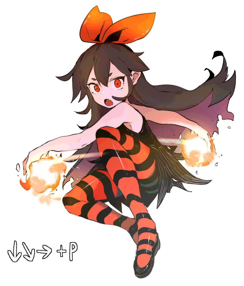 1girl bare_arms bare_shoulders black_dress borrowed_character bow bow_hairband brown_hair colored_inner_hair ddari dress fang fire hair_bow hairband halftone highres long_hair looking_at_viewer multicolored_hair open_mouth original pantyhose red_bow red_eyes red_hairband red_legwear simple_background solo striped striped_legwear white_background zakuro_(rariatto)