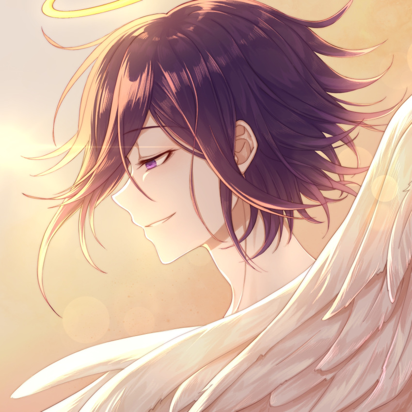 1boy angel angel_wings bangs commentary_request dangan_ronpa ewa_(seraphhuiyu) face feathered_wings feathers from_side gradient gradient_background grin half-closed_eye halo highres male_focus messy_hair new_dangan_ronpa_v3 orange_background ouma_kokichi profile purple_hair smile solo teeth violet_eyes white_feathers wings