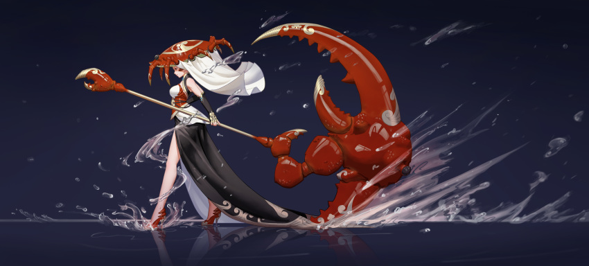 1girl absurdres black_gloves closed_mouth crab crab_claw dragging elbow_gloves fingerless_gloves fysc gloves high_heels highres holding holding_scythe holding_weapon huge_weapon original red_footwear red_headwear scythe solo violet_eyes walking water weapon