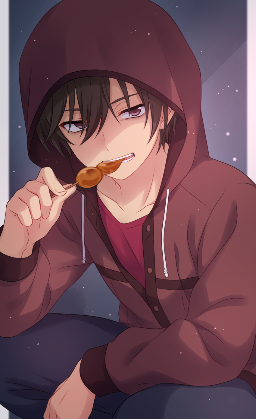 1boy absurdres bangs biting black_pants border brown_hair charlotte_(anime) collarbone commentary_request eating food grey_border highres holding holding_food hood hood_up hooded_jacket in_mouth jacket long_sleeves looking_at_viewer male_focus open_clothes otosaka_yuu outside_border pants red_hood sekina short_hair solo squatting teeth