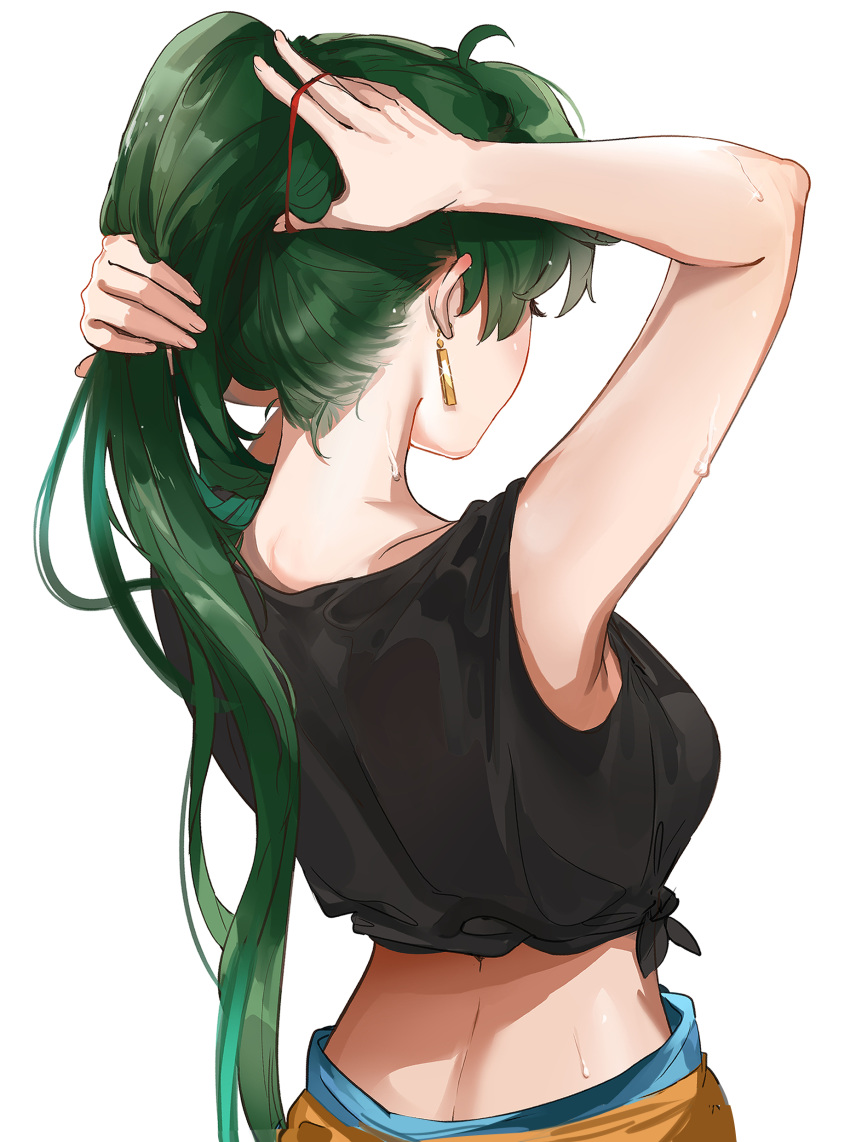 1girl absurdres arms_behind_head arms_up back black_shirt blue_pants breasts earrings fire_emblem fire_emblem:_the_blazing_blade green_hair high_ponytail highres jewelry large_breasts long_hair lyn_(fire_emblem) midriff ormille pants ponytail shirt simple_background sleeveless sleeveless_shirt tied_shirt tying_hair white_background