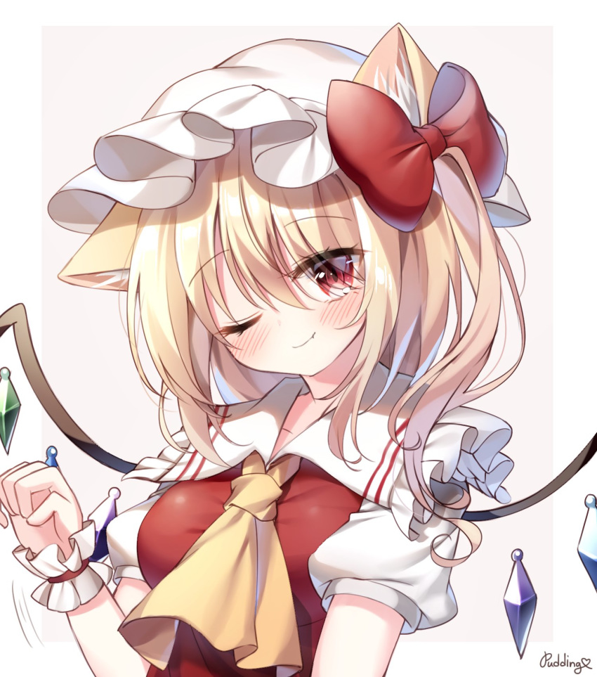 1girl ;) animal_ears artist_name ascot blonde_hair blush border bow breasts cat_ears closed_mouth commentary_request crystal eyebrows_visible_through_hair eyes_visible_through_hair fang flandre_scarlet frilled_shirt_collar frills hair_between_eyes hair_bow hat highres kemonomimi_mode looking_at_viewer medium_breasts medium_hair mob_cap one_eye_closed one_side_up paw_pose pudding_(skymint_028) puffy_short_sleeves puffy_sleeves red_bow red_eyes red_vest short_sleeves signature simple_background skin_fang smile solo touhou upper_body vest white_background wings yellow_neckwear