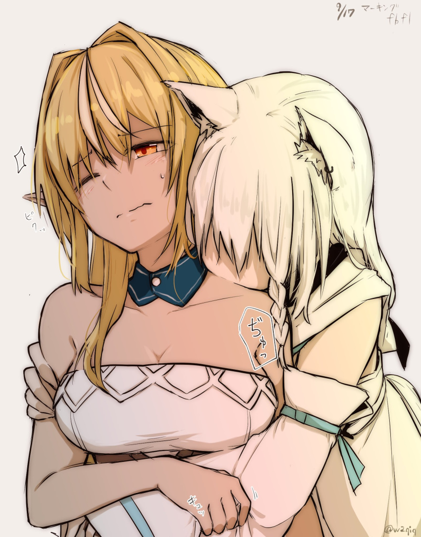 2girls animal_ear_fluff animal_ears bangs bare_arms bare_shoulders blonde_hair blush braid breasts collarbone commentary_request dated detached_collar detached_sleeves dress earrings elf eyebrows_visible_through_hair fox_ears fox_girl hair_between_eyes hair_intakes highres hololive hug hug_from_behind jewelry long_hair medium_breasts multiple_girls one_eye_closed pointy_ears red_eyes shirakami_fubuki shiranui_flare side_braid sidelocks simple_background sleeveless sleeveless_dress strapless strapless_dress sucking sweat tsubudashi twitter_username upper_body virtual_youtuber wavy_mouth white_background white_dress white_hair white_hoodie white_sleeves
