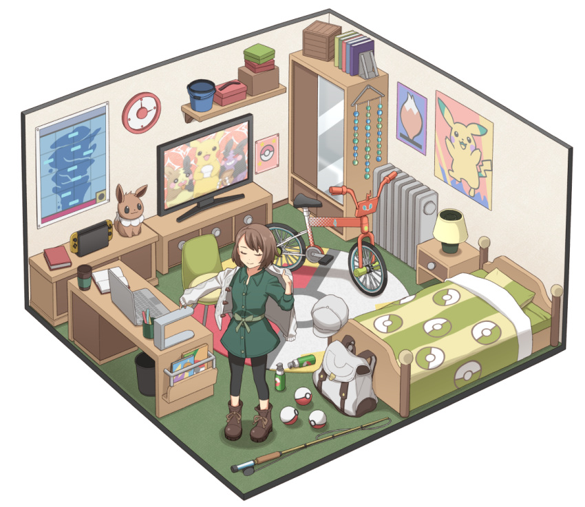 1girl backpack backpack_removed bag bed bob_cut book boots buttons cardigan chair clock closed_eyes closed_mouth clothes_hanger collared_dress commentary_request desk dress dressing eevee fishing_rod gen_1_pokemon gloria_(pokemon) green_dress hat headwear_removed itou_(mogura) nintendo_switch poke_ball poke_ball_(basic) pokemon pokemon_(game) pokemon_swsh poster_(object) rotom_bike sash shelf short_hair smile socks standing television trash_can wardrobe white_backpack white_cardigan white_headwear
