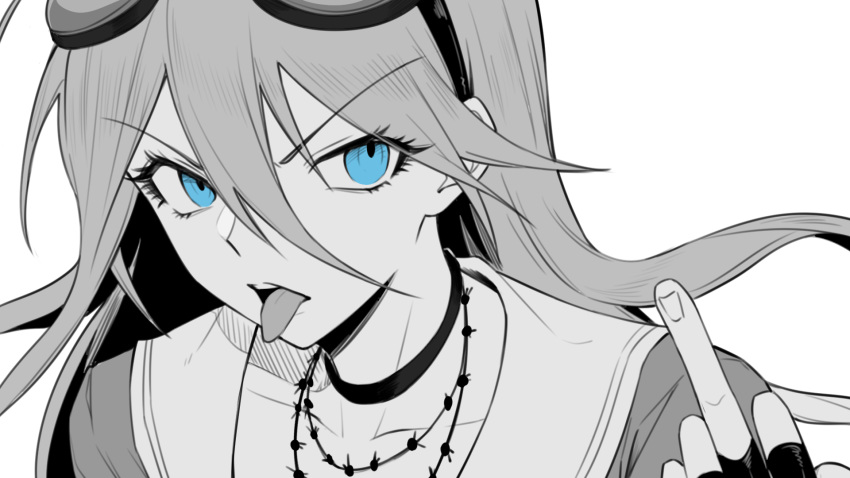 1girl blue_eyes blue_hair chain choker collarbone commentary_request dangan_ronpa ewa_(seraphhuiyu) fingerless_gloves gloves goggles hair_between_eyes highres iruma_miu long_hair looking_at_viewer middle_finger new_dangan_ronpa_v3 open_mouth sailor_collar simple_background solo spot_color tongue tongue_out upper_teeth white_background