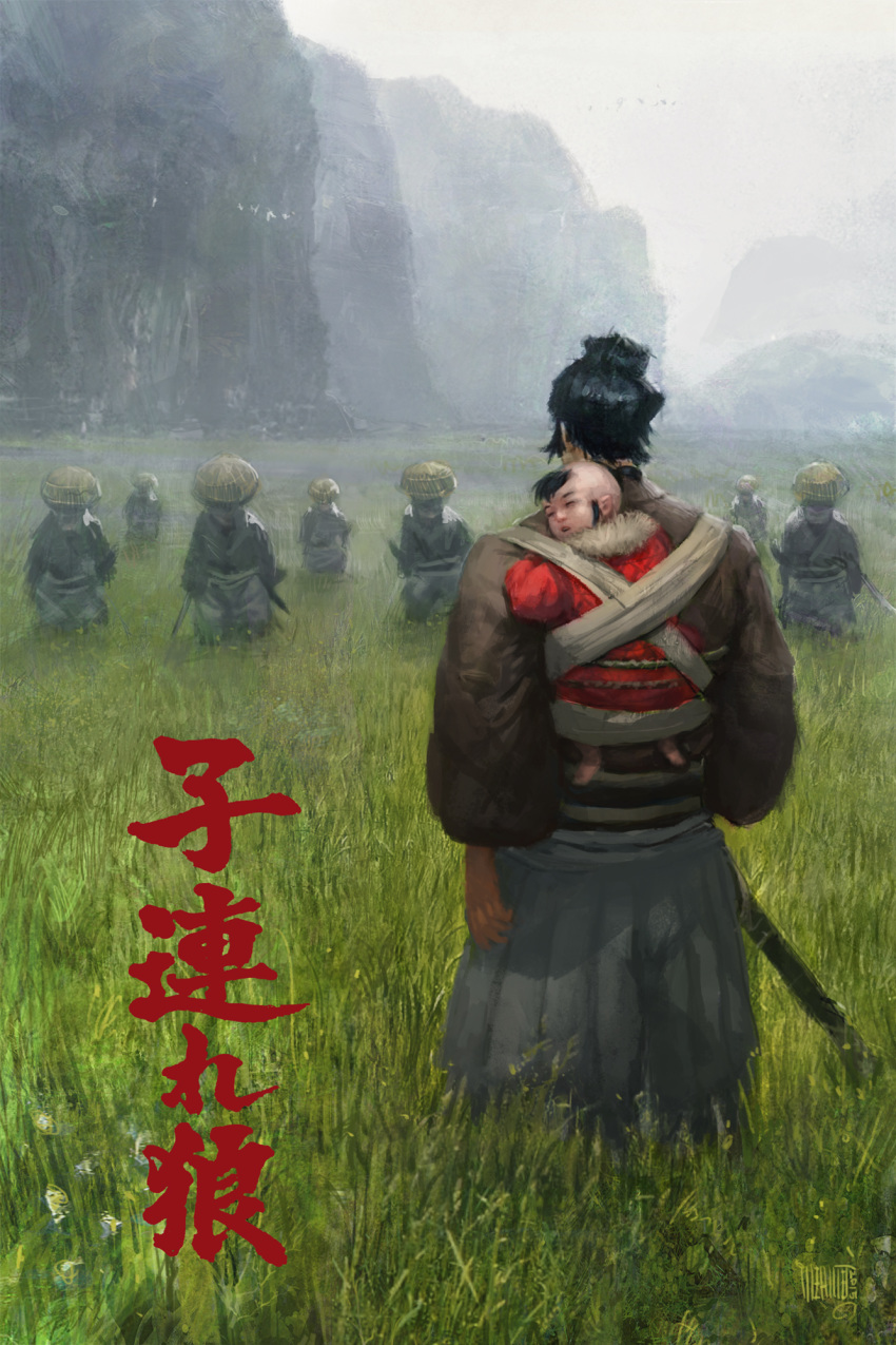 1boy 6+others arm_at_side baby bird black_hair character_request cliff clothing_request copyright_request cover cover_page day field fog from_behind grass grey_hakama grey_sky hair_bun hakama hat highres japanese_clothes long_sleeves mehmet_ozen multiple_others nature outdoors overcast scenery sheath short_hair standing straw_hat translation_request
