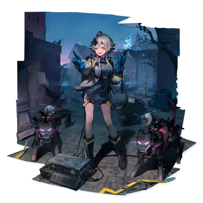 1girl :d alternate_costume arknights black_footwear blue_gloves boots full_body gloves grey_eyes grey_jacket grey_shirt hand_up highres holding huanxiang_heitu jacket long_sleeves looking_at_viewer mayer_(arknights) official_art open_clothes open_jacket open_mouth pointing robot shadow shirt short_hair_with_long_locks silver_hair smile solo standing thighs transparent_background