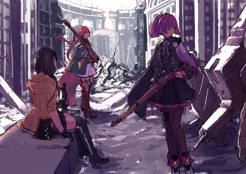 3girls after_battle carcano carcano_m1891_(girls_frontline) carcano_m91/38_(girls_frontline) damaged girls_frontline gun hydra_(girls_frontline) kcco_(girls_frontline) megaphone mishima_hiroji multiple_girls rifle ro635_(girls_frontline) robot ruins weapon