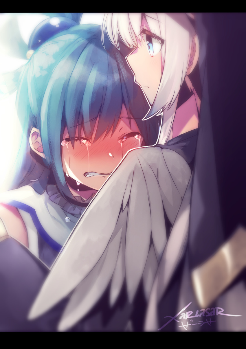 2girls aqua_(konosuba) bangs blue_eyes blue_hair blush clenched_teeth closed_eyes closed_mouth crying eris_(konosuba) frown highres hug kono_subarashii_sekai_ni_shukufuku_wo! long_hair multiple_girls teeth white_hair xarlasar