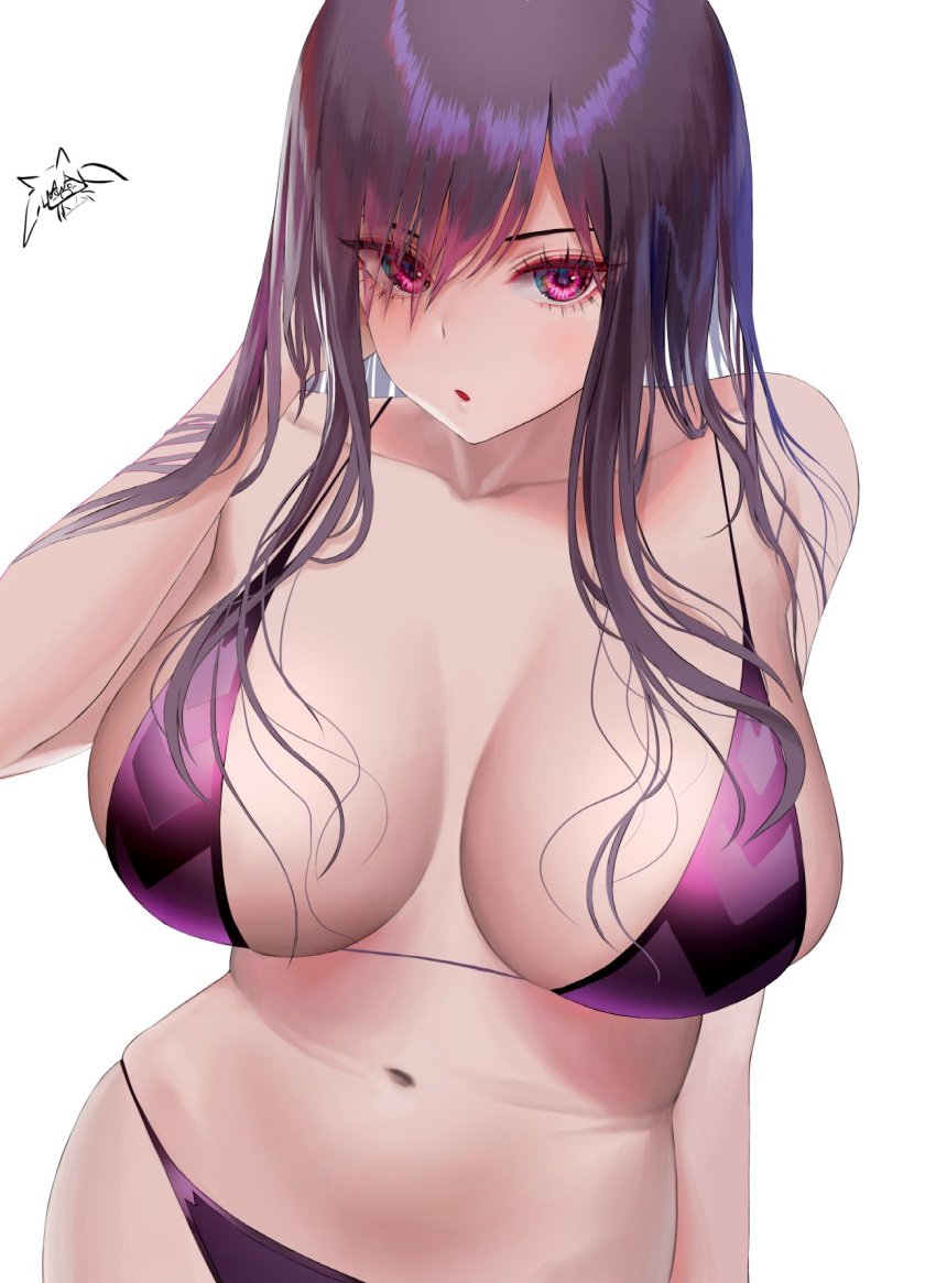 1girl anni bare_arms bare_shoulders bikini black_hair breasts breasts_apart collarbone cowboy_shot destiny_child eyes_visible_through_hair hair_over_one_eye hand_up highres large_breasts long_hair looking_at_viewer navel parted_lips purple_bikini simple_background skindentation solo stomach string_bikini swimsuit tokkihouse violet_eyes white_background