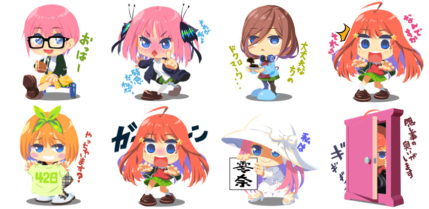 5girls :&lt; ahoge blue_eyes blush_stickers brown_hair bubble_tea chibi clothes_around_waist door drinking_straw glasses go-toubun_no_hanayome hair_ornament headphones highres hirokiku loafers long_hair miniskirt multiple_girls nakano_ichika nakano_itsuki nakano_miku nakano_nino nakano_yotsuba open_mouth orange_hair pink_hair shoes simple_background sitting skirt smile standing star_(symbol) star_hair_ornament surprised translation_request white_background