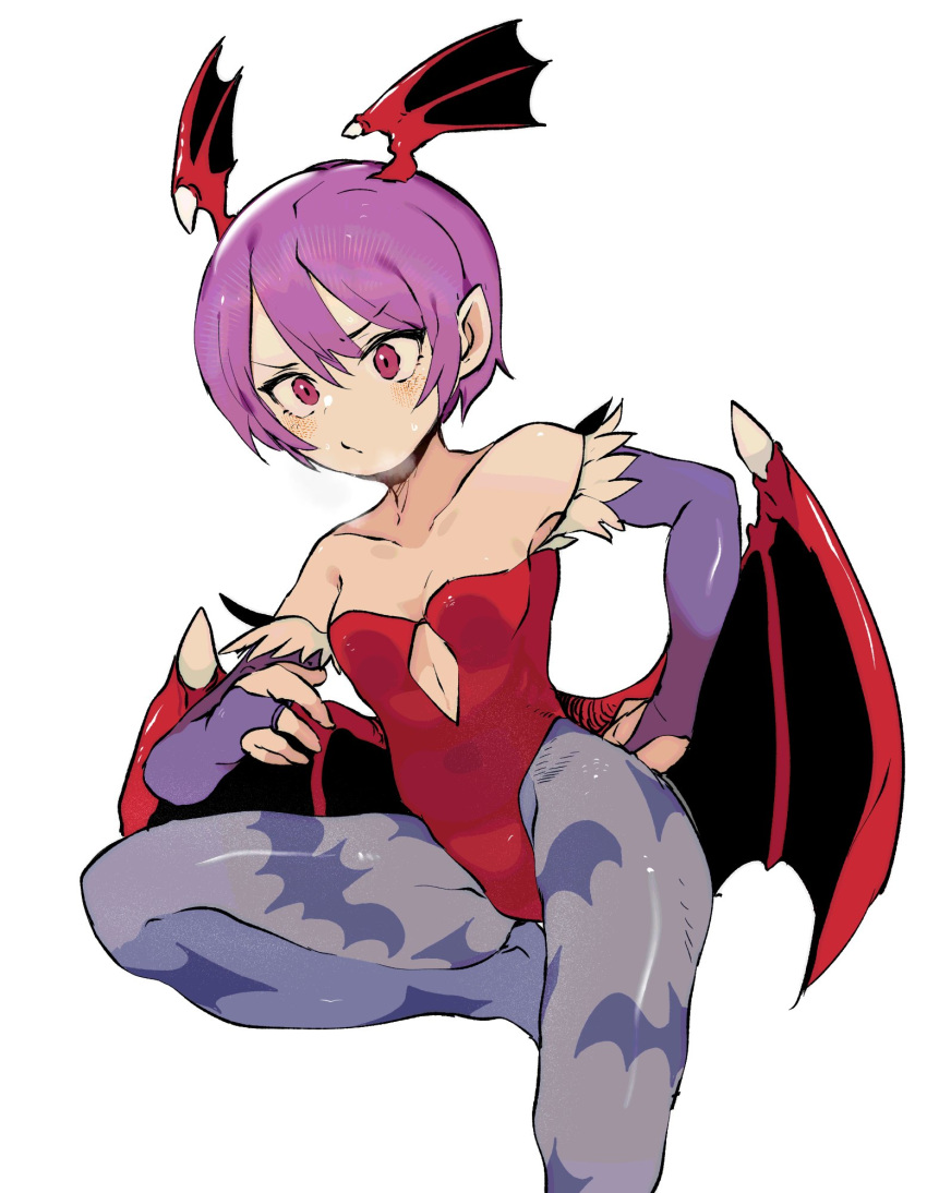 1girl bare_shoulders breasts bridal_gauntlets closed_mouth cowboy_shot ddari demon_wings gloves head_wings highres leotard lilith_aensland looking_at_viewer low_wings pantyhose pink_eyes pink_hair pointy_ears purple_gloves purple_legwear red_leotard simple_background small_breasts solo standing standing_on_one_leg vampire_(game) white_background wings