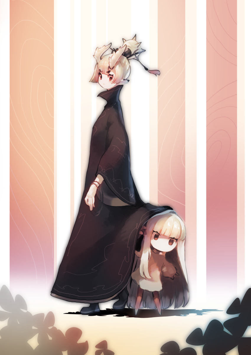 2girls absurdres black_dress black_footwear blonde_hair closed_mouth dress eye_(okame_nin) hair_bun hiding highres horns iga_(okame_nin) long_hair long_sleeves looking_at_viewer multiple_girls no_mouth okame_nin original red_eyes robe shoes spiked_horns standing striped striped_background under_dress very_long_hair white_hair