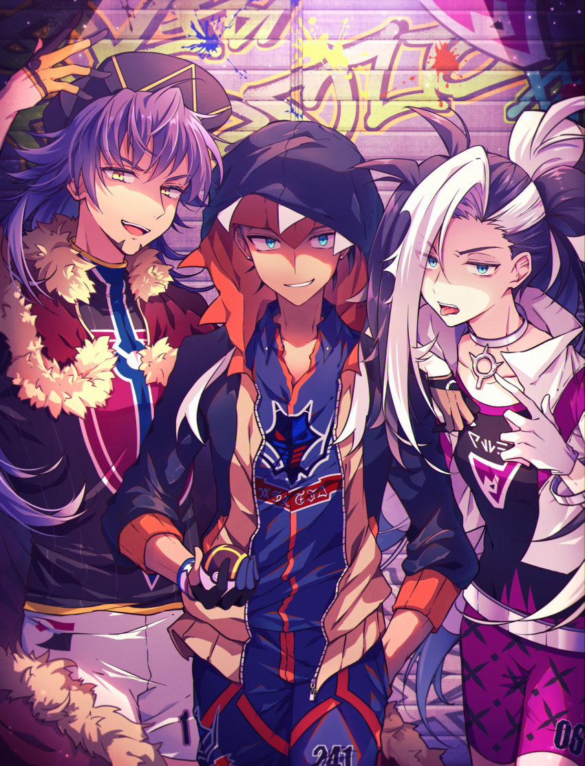 3boys baseball_cap black_hair black_hoodie blue_eyes cape commentary_request dynamax_band fur-trimmed_cape fur_trim gloves hand_in_pocket hat highres holding holding_poke_ball hood hood_up jacket leon_(pokemon) long_hair looking_at_viewer male_focus multicolored_hair multiple_boys number open_mouth piers_(pokemon) poke_ball pokemon pokemon_(game) pokemon_swsh purple_hair raihan_(pokemon) red_cape shirt shorts teeth tobari_(brokenxxx) tongue tongue_out two-tone_hair ultra_ball white_gloves white_hair white_jacket yellow_eyes