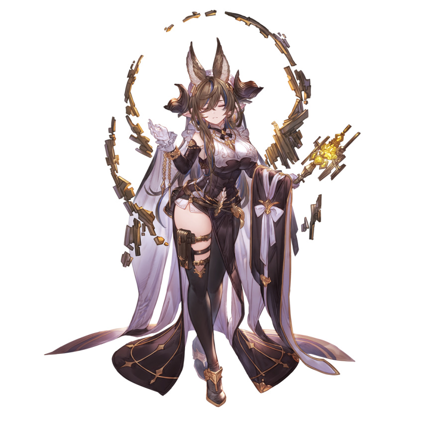 1girl animal_ears asymmetrical_legwear bangs blue_hair breasts brown_hair closed_eyes closed_mouth detached_sleeves dress extra_ears facing_viewer floating floating_object floating_rock full_body galleon_(granblue_fantasy) gloves granblue_fantasy hair_between_eyes hand_up holding horns large_breasts long_hair minaba_hideo multicolored_hair official_art pointy_ears rock shoes side_slit single_thighhigh solo standing streaked_hair tachi-e thigh-highs thigh_pouch transparent_background two-tone_hair white_gloves