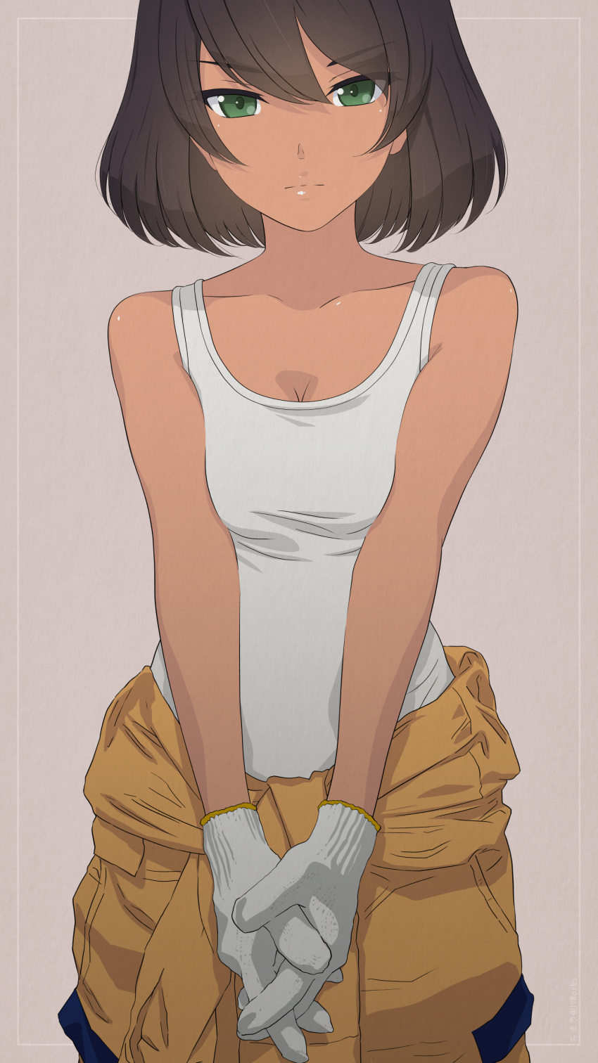 1girl absurdres akagi_(fmttps) bare_shoulders black_hair breasts closed_mouth collarbone eyebrows_visible_through_hair girls_und_panzer gloves green_eyes grey_background highres hoshino_(girls_und_panzer) jumpsuit jumpsuit_around_waist looking_at_viewer medium_breasts navel short_hair simple_background solo tan tank_top tanline white_gloves white_tank_top yellow_jumpsuit