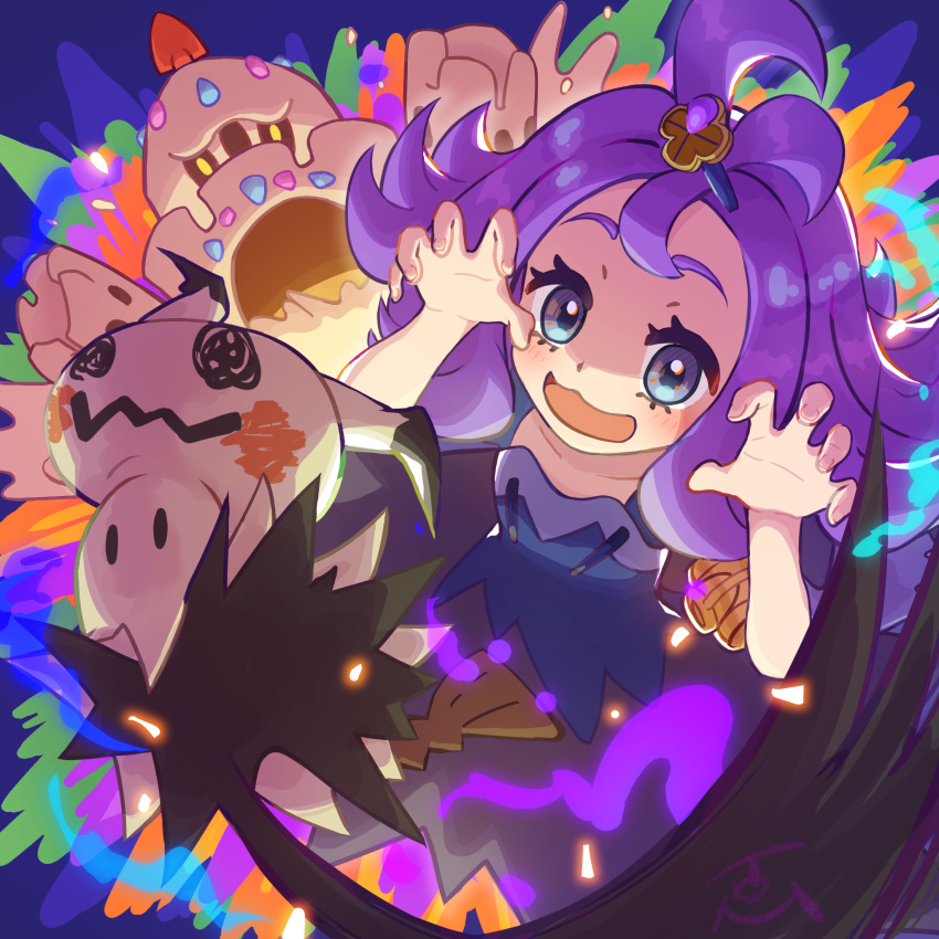 1girl acerola_(pokemon) armlet blush claw_pose commentary_request dress eyelashes fingernails gen_7_pokemon grey_eyes hair_ornament highres looking_at_viewer mimikyu open_mouth palossand pokemon pokemon_(creature) pokemon_(game) pokemon_sm purple_hair smile stitches tom_(pixiv10026189) tongue topknot