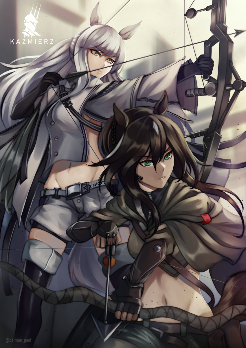 2girls absurdres animal_ears arknights arrow_(projectile) bangs black_footwear black_gloves black_hair boots bow_(weapon) caiman-pool commentary_request crop_top fingerless_gloves gloves green_eyes grey_capelet groin highres holding holding_bow_(weapon) holding_weapon jacket kingdom_of_kazimierz_logo long_hair long_sleeves meteor_(arknights) midriff multiple_girls navel parted_lips platinum_(arknights) short_shorts shorts silver_hair standing stomach thigh-highs thigh_boots vambraces weapon white_jacket white_shorts wide_sleeves yellow_eyes