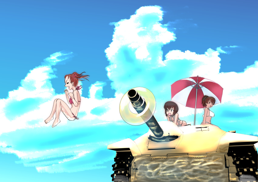 3girls bikini bow breasts brown_eyes brown_hair caterpillar_tracks closed_eyes clouds commentary_request day floating girls_und_panzer grey_bikini ground_vehicle hair_bow highres jagdpanzer_38(t) kadotani_anzu kawashima_momo koyama_yuzu long_hair military military_vehicle monocle motor_vehicle multiple_girls oekaki_ojiisan open_mouth ponytail red_bikini short_hair sky smile swimsuit tank tank_destroyer twintails umbrella white_bikini