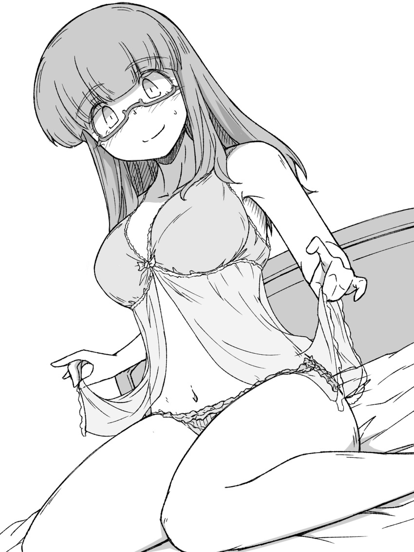 1girl absurdres babydoll babydoll_lift bangs bed_sheet blunt_bangs blush breasts closed_mouth commentary_request eyebrows_visible_through_hair frilled_panties frills girls_und_panzer glasses greyscale highres lifted_by_self lingerie long_hair looking_at_viewer medium_breasts monochrome navel on_bed panties renshiu semi-rimless_eyewear sitting smile solo sweatdrop takebe_saori under-rim_eyewear underwear underwear_only wariza