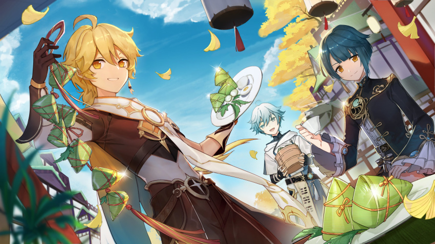 3boys absurdres aether_(genshin_impact) ahoge artist_request bangs blonde_hair blue_eyes blue_hair blunt_bangs building chongyun_(genshin_impact) crop_top cup day english_commentary genshin_impact gloves hair_between_eyes highres holding long_sleeves looking_at_viewer midriff multiple_boys navel official_art open_mouth outdoors parted_lips plate short_sleeves sky smile standing teeth tongue tree xingqiu_(genshin_impact) yellow_eyes