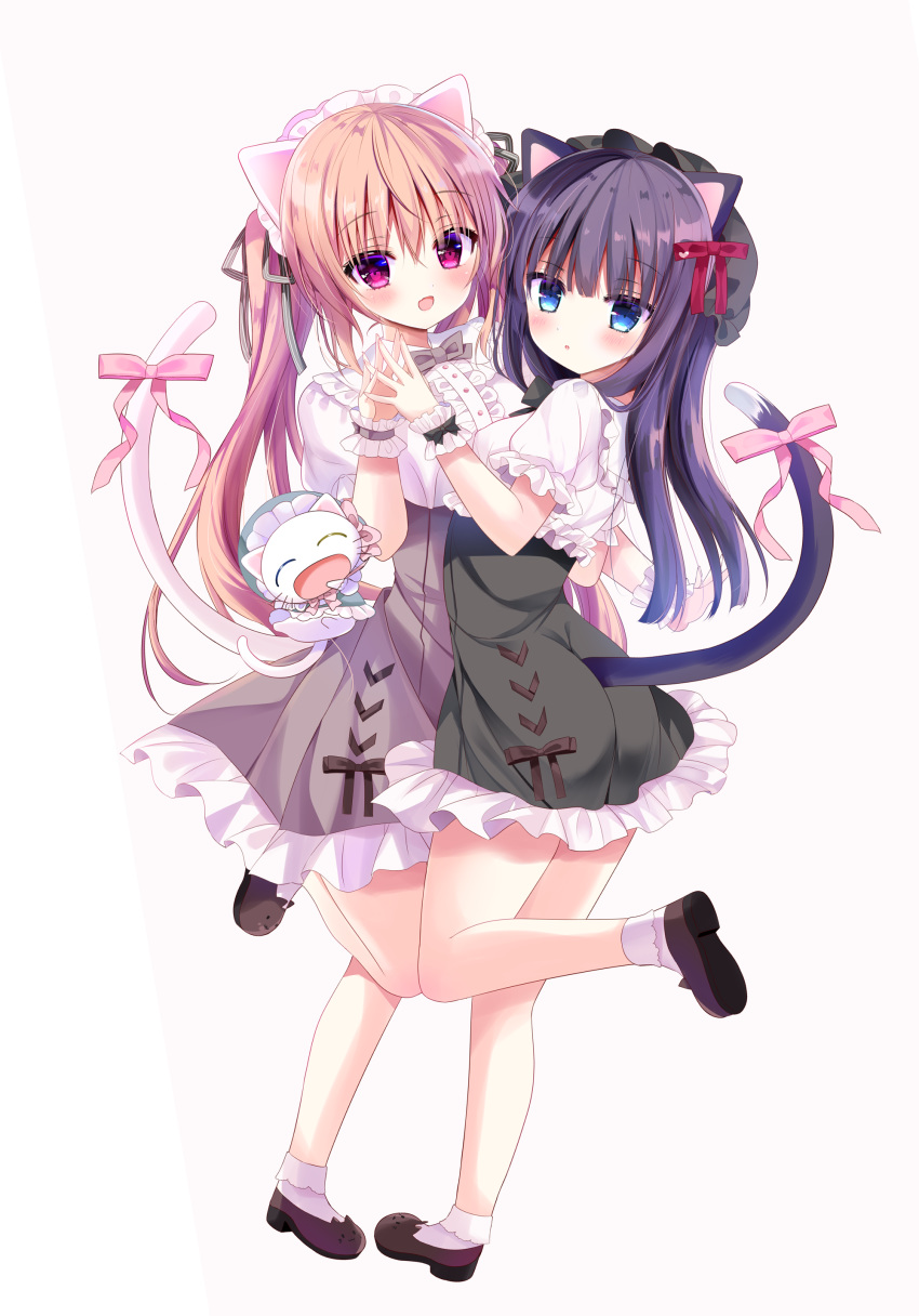 2girls absurdres animal_ears bangs black_headwear black_ribbon black_skirt blue_eyes bow breasts brown_background brown_footwear brown_hair brown_skirt cat_ears cat_girl cat_tail center_frills collared_shirt commentary_request eyebrows_visible_through_hair frilled_skirt frills hair_between_eyes hair_ribbon hands_together hat highres medium_breasts mob_cap multiple_girls original pink_bow puffy_short_sleeves puffy_sleeves purple_hair ribbon shirt shiwasu_horio shoe_soles shoes short_sleeves skirt socks standing standing_on_one_leg tail tail_bow tail_raised two-tone_background violet_eyes white_background white_legwear white_shirt wrist_cuffs