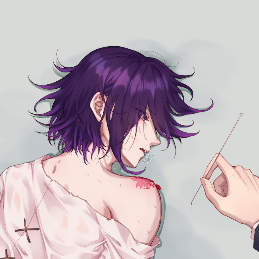 2boys blood bruise bruise_on_face commentary_request dangan_ronpa ewa_(seraphhuiyu) from_side gradient_hair grey_background hair_between_eyes highres holding holding_needle injury jacket long_sleeves lying male_focus medium_hair messy_hair multicolored_hair multiple_boys needle new_dangan_ronpa_v3 off-shoulder_jacket off_shoulder on_stomach open_mouth ouma_kokichi pink_hair profile purple_hair saihara_shuuichi saliva shoulder_tattoo simple_background solo_focus straitjacket striped striped_jacket tattoo tears torn_jacket white_jacket