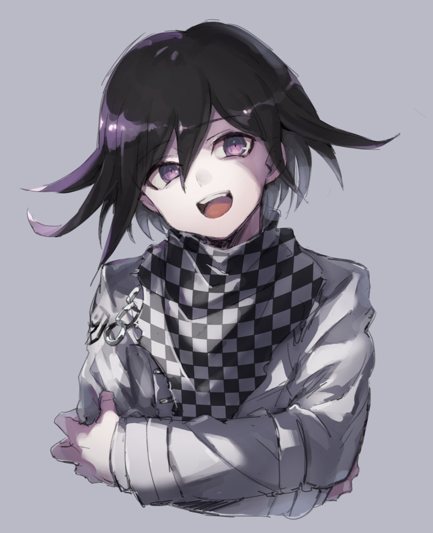 1boy asuna_(doruru-mon) bangs black_hair checkered checkered_scarf commentary_request dangan_ronpa eyebrows_visible_through_hair grey_background hair_between_eyes highres jacket long_sleeves looking_at_viewer male_focus medium_hair multicolored_hair new_dangan_ronpa_v3 open_mouth ouma_kokichi pink_hair purple_hair scarf self_hug simple_background smile solo straitjacket upper_body upper_teeth violet_eyes