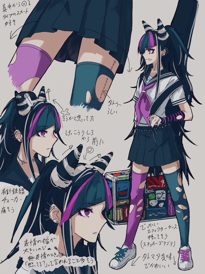 character_sheet dangan_ronpa guitar_case highres instrument_case jewelry mioda_ibuki multiple_views necklace oone0206 piercing pink_eyes pleated_skirt school_uniform skirt suitcase super_dangan_ronpa_2 tattoo thigh-highs torn_clothes torn_legwear translation_request