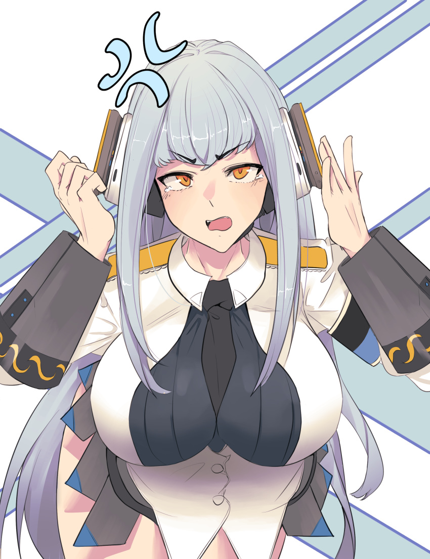 1girl absurdres anger_vein bangs between_breasts breasts eb-48g_hraesvelgr eyebrows_visible_through_hair headset highres lagsa large_breasts last_origin light_blue_hair looking_at_viewer necktie necktie_between_breasts solo tears yellow_eyes