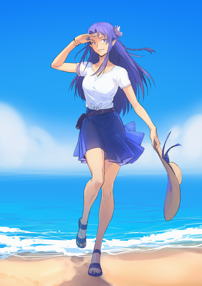 1girl absurdres alternate_costume beach blue_sweater braid caster clouds commission fate/grand_order fate_(series) flower hair_flower hair_ornament hat highres horizon long_hair ocean pointy_ears purple_hair second-party_source shading_eyes shirt shore side_braid smile solkorra solo standing standing_on_one_leg straw_hat sweater violet_eyes waves white_shirt