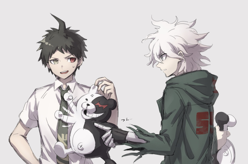 2boys ahoge asuna_(doruru-mon) bangs brown_eyes brown_hair collared_shirt commentary_request dangan_ronpa from_side green_jacket green_neckwear grey_background hand_on_hip heterochromia highres hinata_hajime holding hood hooded_jacket jacket komaeda_nagito long_sleeves looking_at_another male_focus medium_hair messy_hair monokuma multiple_boys necktie red_eyes shirt short_hair short_sleeves simple_background spiky_hair super_dangan_ronpa_2 sweatdrop torn_jacket upper_body upper_teeth white_hair white_shirt