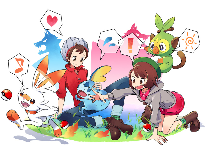 ! 1boy 1girl all_fours bangs beanie bob_cut boots brown_eyes brown_footwear brown_hair buttons cardigan closed_mouth collared_dress commentary_request denim dress gen_8_pokemon gloria_(pokemon) grass green_headwear green_legwear grey_cardigan grey_headwear grookey hat heart highres hooded_cardigan jeans musical_note open_mouth outstretched_hand pants pink_dress plaid plaid_legwear poke_ball poke_ball_(basic) pokemon pokemon_(game) pokemon_swsh red_shirt scorbunny shiba_inuta shirt shoes short_hair sitting sleeves_rolled_up smile sobble socks spoken_exclamation_mark spoken_heart spoken_musical_note starter_pokemon_trio swept_bangs tam_o'_shanter tongue torn_clothes torn_jeans torn_pants victor_(pokemon)
