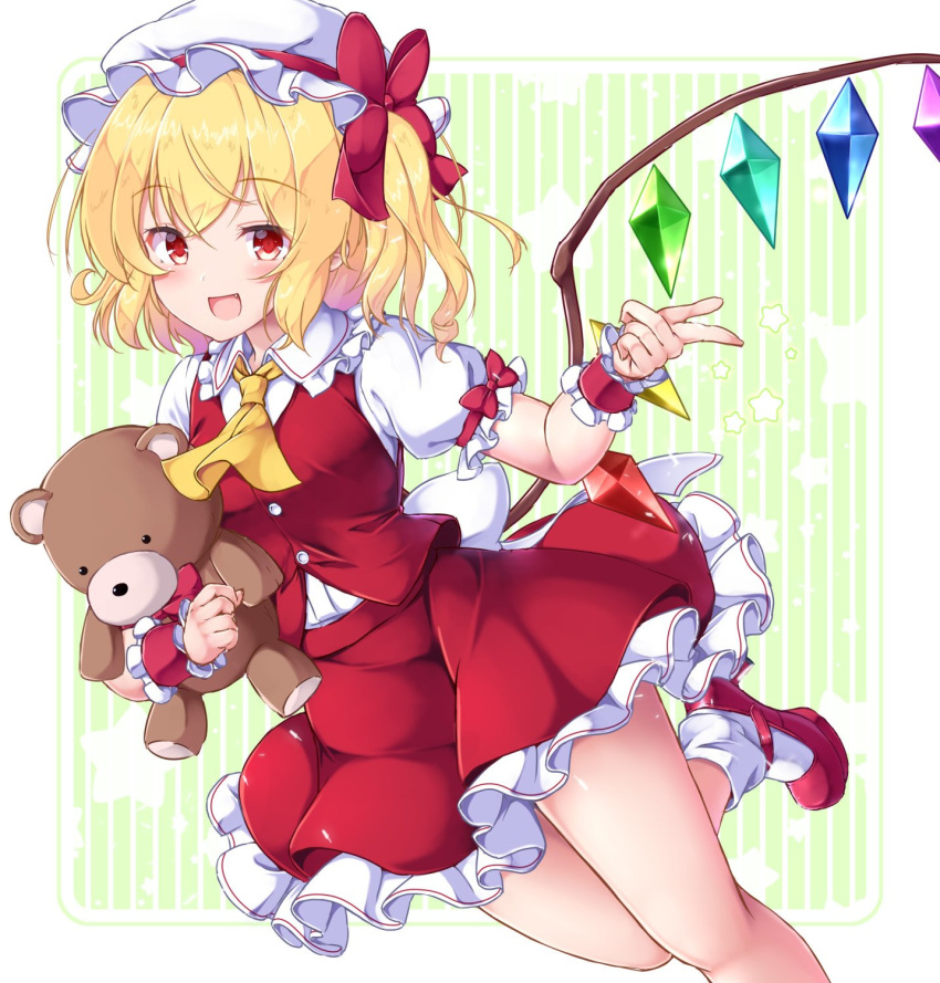 1girl :d aka_tawashi ascot bangs blonde_hair blush border bow breasts buttons commentary_request crystal eyebrows_visible_through_hair fang flandre_scarlet foot_out_of_frame frilled_cuffs frilled_shirt_collar frills hair_bow hat hat_ribbon highres holding holding_stuffed_toy index_finger_raised looking_at_viewer mob_cap one_side_up open_mouth petticoat puffy_short_sleeves puffy_sleeves red_bow red_eyes red_footwear red_ribbon red_skirt red_vest ribbon short_hair short_sleeves skirt skirt_set small_breasts smile solo striped stuffed_animal stuffed_toy teddy_bear thighs touhou vertical_stripes vest white_headwear white_legwear wings yellow_neckwear