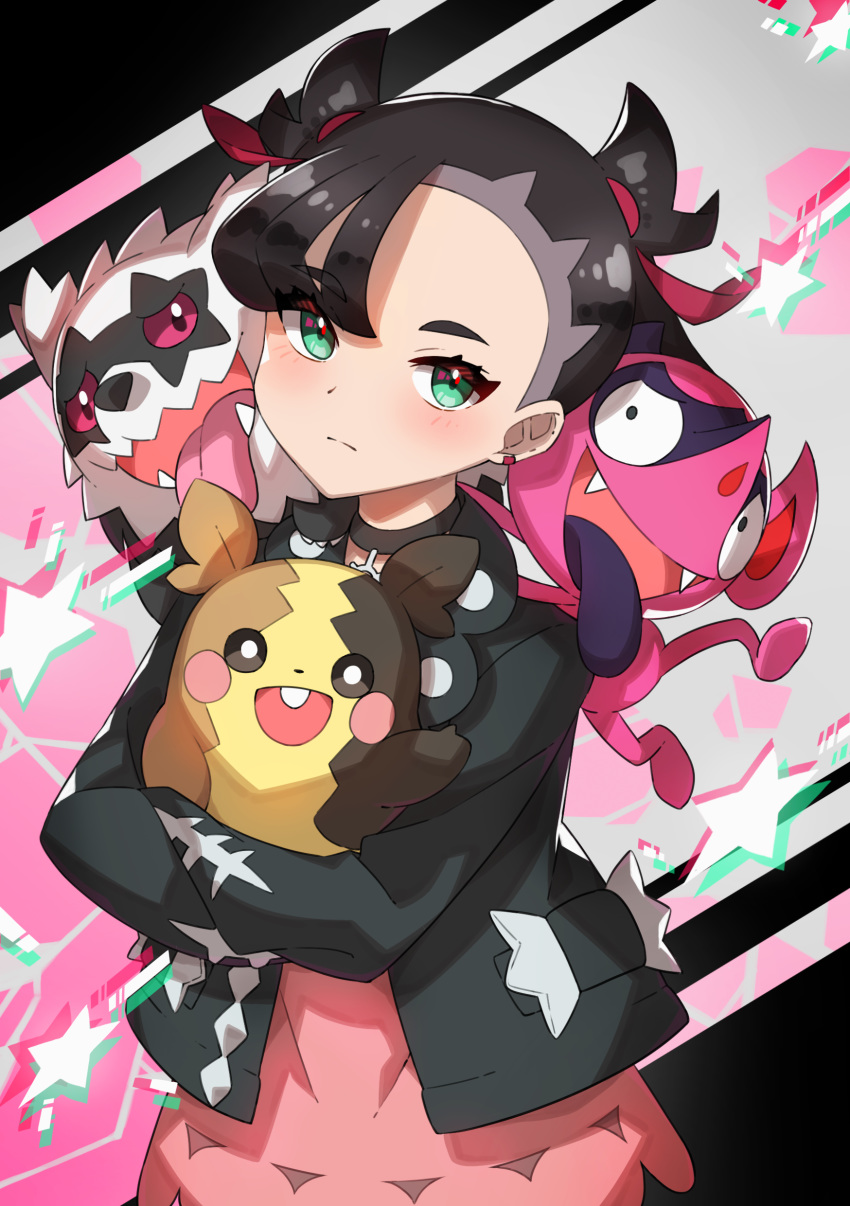 1girl absurdres asymmetrical_bangs bangs black_choker black_jacket blush choker closed_mouth commentary_request dress earrings eyebrows_visible_through_hair eyelashes galarian_form galarian_zigzagoon gen_8_pokemon green_eyes hair_ribbon highres holding holding_pokemon impidimp jacket jewelry long_sleeves marnie_(pokemon) morpeko morpeko_(full) pink_dress pokemon pokemon_(creature) pokemon_(game) pokemon_swsh ribbon star_(symbol) taisa_(lovemokunae)