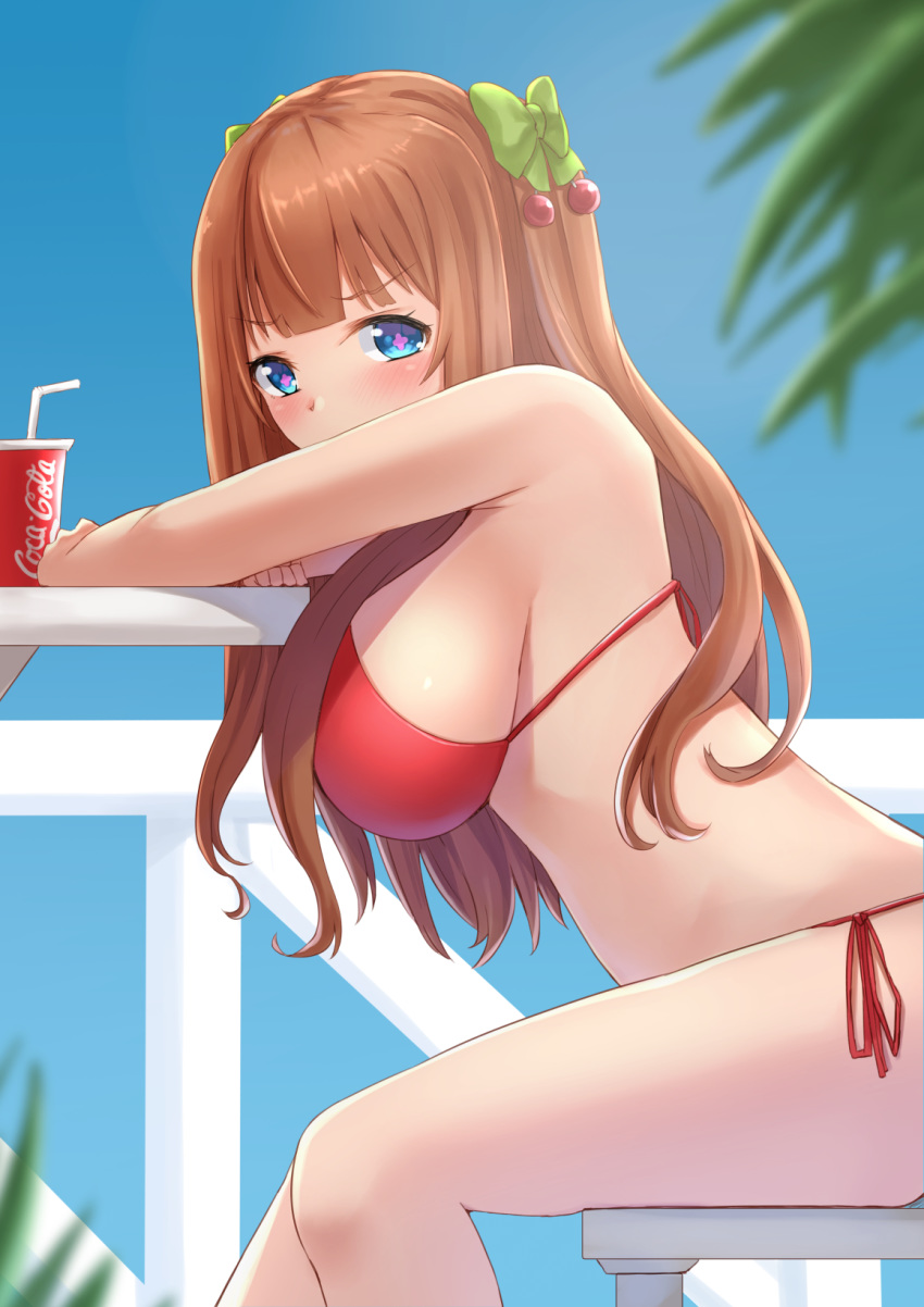 .live 1girl blue_eyes blurry_foreground blush breasts brown_hair coca-cola commentary_request hair_between_eyes highres kakyouin_chieri large_breasts long_hair looking_at_viewer sitting sky solo swimsuit table tipo_(tipoplaza) virtual_youtuber