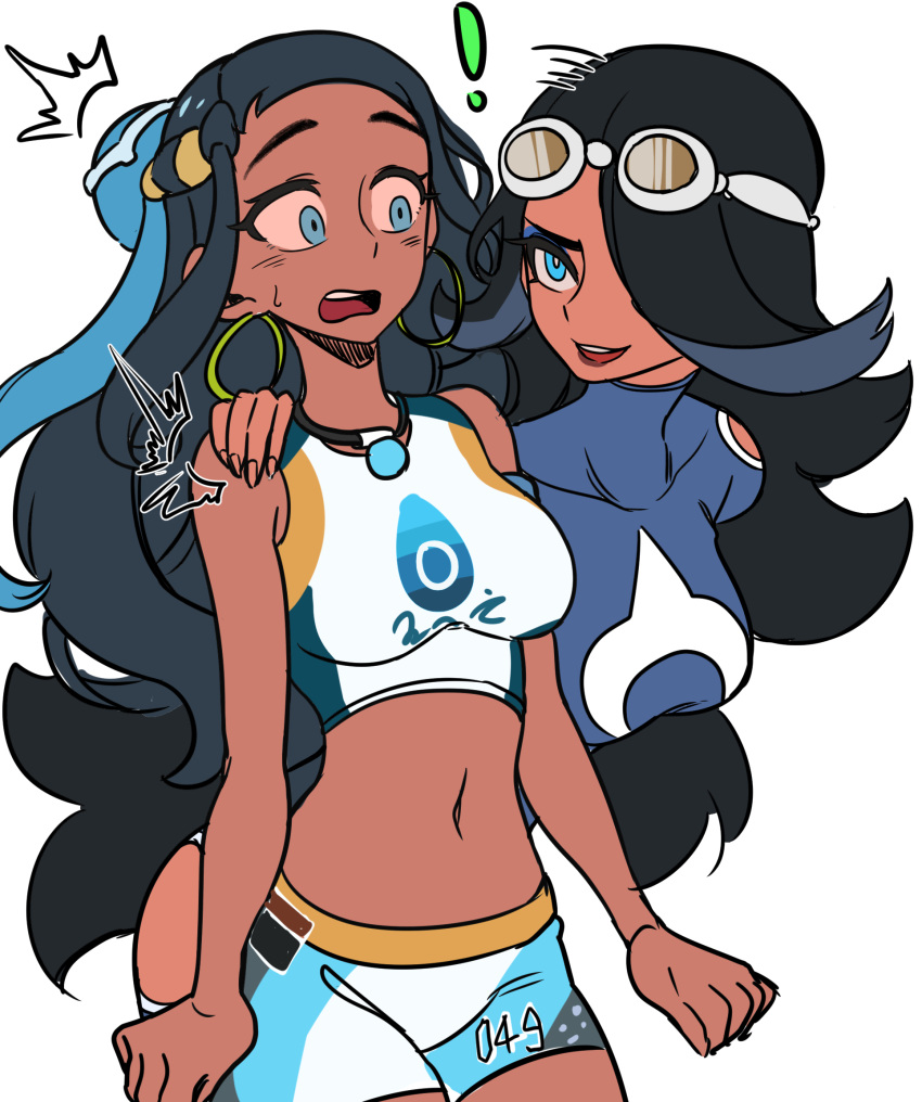 ! /\/\/\ 2girls :d armlet bangs bare_shoulders bike_shorts black_hair blue_eyes blue_eyeshadow blue_hair blue_shirt blush breasts clothes_writing commentary covered_collarbone cowboy_shot dark_skin earrings eyebrows_visible_through_hair eyeshadow goggles goggles_on_head gym_leader hair_between_eyes hair_bun hair_over_one_eye hand_on_another's_shoulder highres hoop_earrings jewelry large_breasts leaning_forward long_hair looking_at_another makeup masgamjya medium_breasts midriff motion_lines multicolored_hair multiple_girls navel necklace nessa_(pokemon) number open_mouth pokemon pokemon_(game) pokemon_oras pokemon_swsh shelly_(pokemon) shirt sidelocks simple_background smile standing surprised sweat swimsuit tankini team_aqua team_aqua_uniform trait_connection two-tone_hair upper_teeth very_long_hair white_background