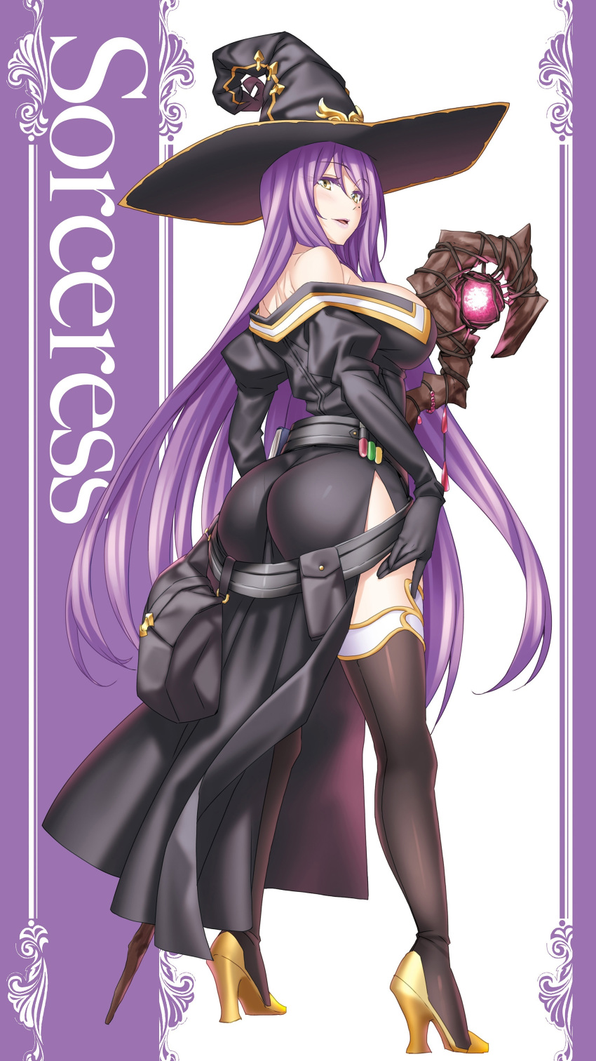 1girl absurdres ass bare_shoulders belt boots breasts eyebrows_visible_through_hair from_behind full_body gloves goblin_slayer! hat high_heel_boots high_heels highres kannatsuki_noboru large_breasts lipstick long_hair looking_at_viewer looking_back makeup mole mole_under_eye non-web_source novel_illustration official_art purple_hair shoulder_blades side_slit solo thigh-highs thigh_boots wand witch witch_(goblin_slayer!) witch_hat yellow_eyes