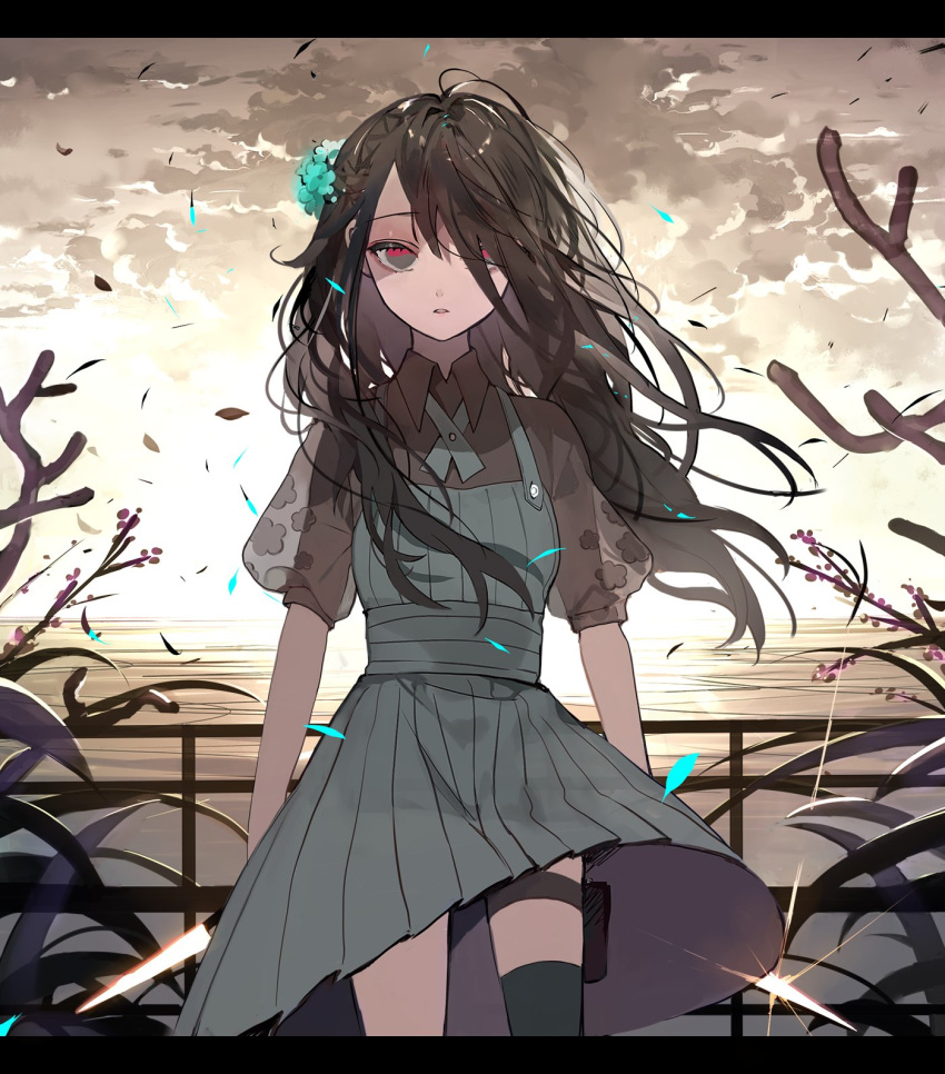 1girl asymmetrical_legwear bad_end berry black_hair black_legwear blown_petals blue_dress blue_flower branch bush clouds cloudy_sky commentary_request cowboy_shot dress dual_wielding flower gleam grey_eyes hair_flower hair_ornament hair_over_one_eye highres holding holding_knife holster horizon knife leaf leaves_in_wind long_hair messy_hair multicolored multicolored_eyes natsuro ocean original parted_lips railing red_eyes sky solo sunset thigh-highs thigh_holster thigh_strap tsurime water wind