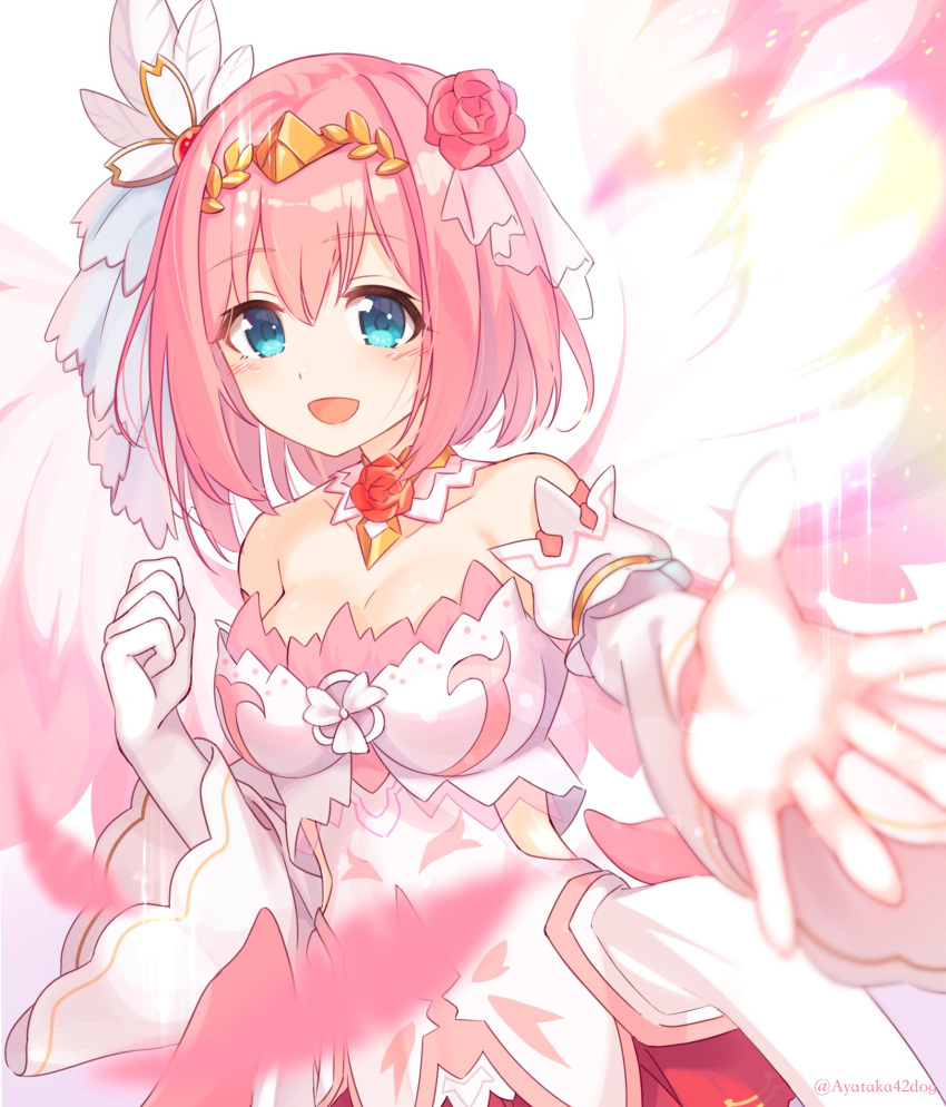 1girl ayataka bangs bare_shoulders blouse blue_eyes blush breasts eyebrows_visible_through_hair hair_ornament hairband highres large_breasts looking_at_viewer open_mouth pink_hair princess_connect! princess_connect!_re:dive red_skirt short_hair skirt smile solo yui_(princess_connect!)