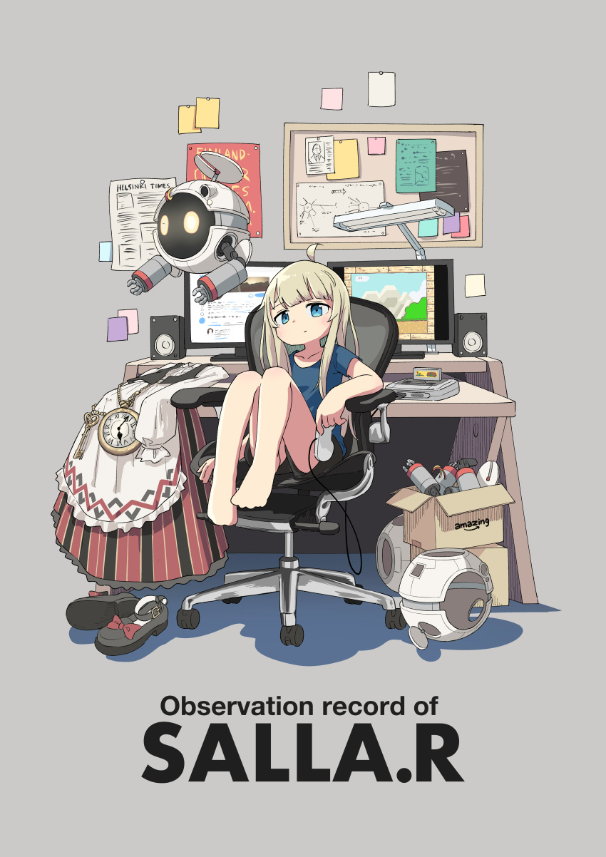 1girl absurdres ahoge bangs blonde_hair blue_eyes blunt_bangs box bulletin_board cardboard_box chair controller desk dress dress_removed footwear_removed game_console grey_background highres holding holding_controller indoors knees_up long_hair marty_(salla.r) monitor nakamori_kemuri office office_chair poster_(object) robot salla.r salla.r_(channel) shorts sitting speaker super_famicom