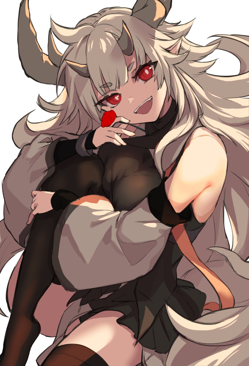 1girl :d arknights bangs bare_shoulders black_legwear breasts detached_sleeves eyebrows_visible_through_hair head_tilt highres horns knee_up large_breasts long_hair long_sleeves looking_at_viewer matoimaru_(arknights) no_shoes open_mouth red_eyes silver_hair simple_background smile solo spica_1510 thick_eyebrows thigh-highs very_long_hair white_background wide_sleeves