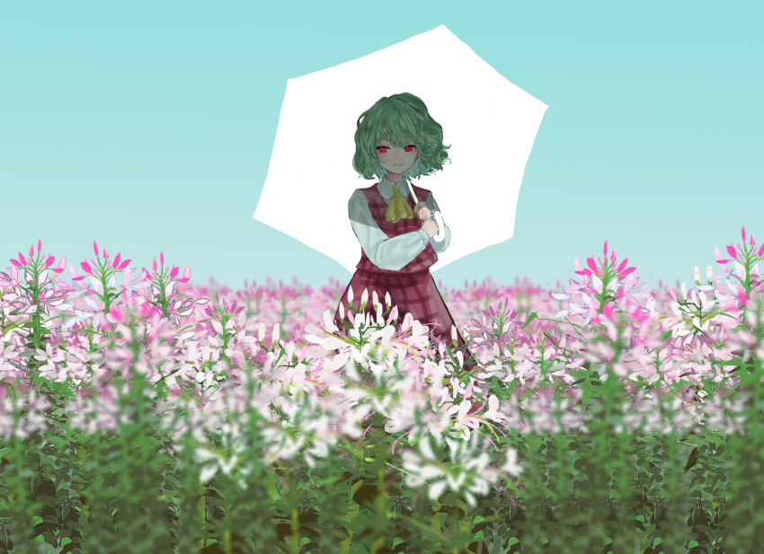 1girl ascot backlighting collared_shirt commentary_request day field flower flower_field flower_request green_hair hands_up highres holding holding_umbrella kazami_yuuka long_skirt long_sleeves plaid plaid_skirt plaid_vest red_eyes red_skirt red_vest sano_naoi shirt short_hair skirt skirt_set smile solo touhou umbrella vest wavy_hair white_shirt yellow_neckwear