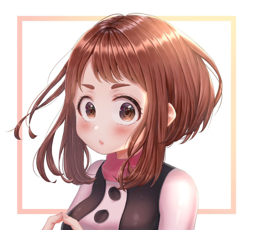 1girl bare_shoulders blush bob_cut boku_no_hero_academia eyelashes fingers_together highres looking_at_viewer open_mouth pink_neckwear short_hair simple_background syatihoko uraraka_ochako yellow_eyes