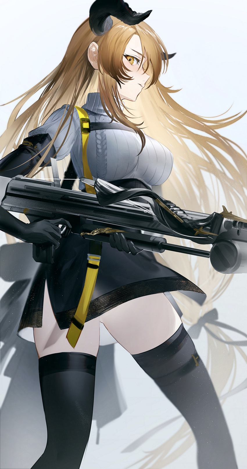1girl absurdres aran_sweater arknights ass_visible_through_thighs black_gloves black_legwear black_ribbon black_skirt blonde_hair blush cowboy_shot elbow_gloves gloves grey_sweater gun hair_ribbon high-waist_skirt highres holding holding_gun holding_weapon hoojiro horns long_hair looking_at_viewer low-tied_long_hair meteorite_(arknights) miniskirt parted_lips puffy_short_sleeves puffy_sleeves ribbon short_sleeves simple_background skirt solo standing sweater thigh-highs turtleneck turtleneck_sweater two-handed very_long_hair weapon white_background yellow_eyes