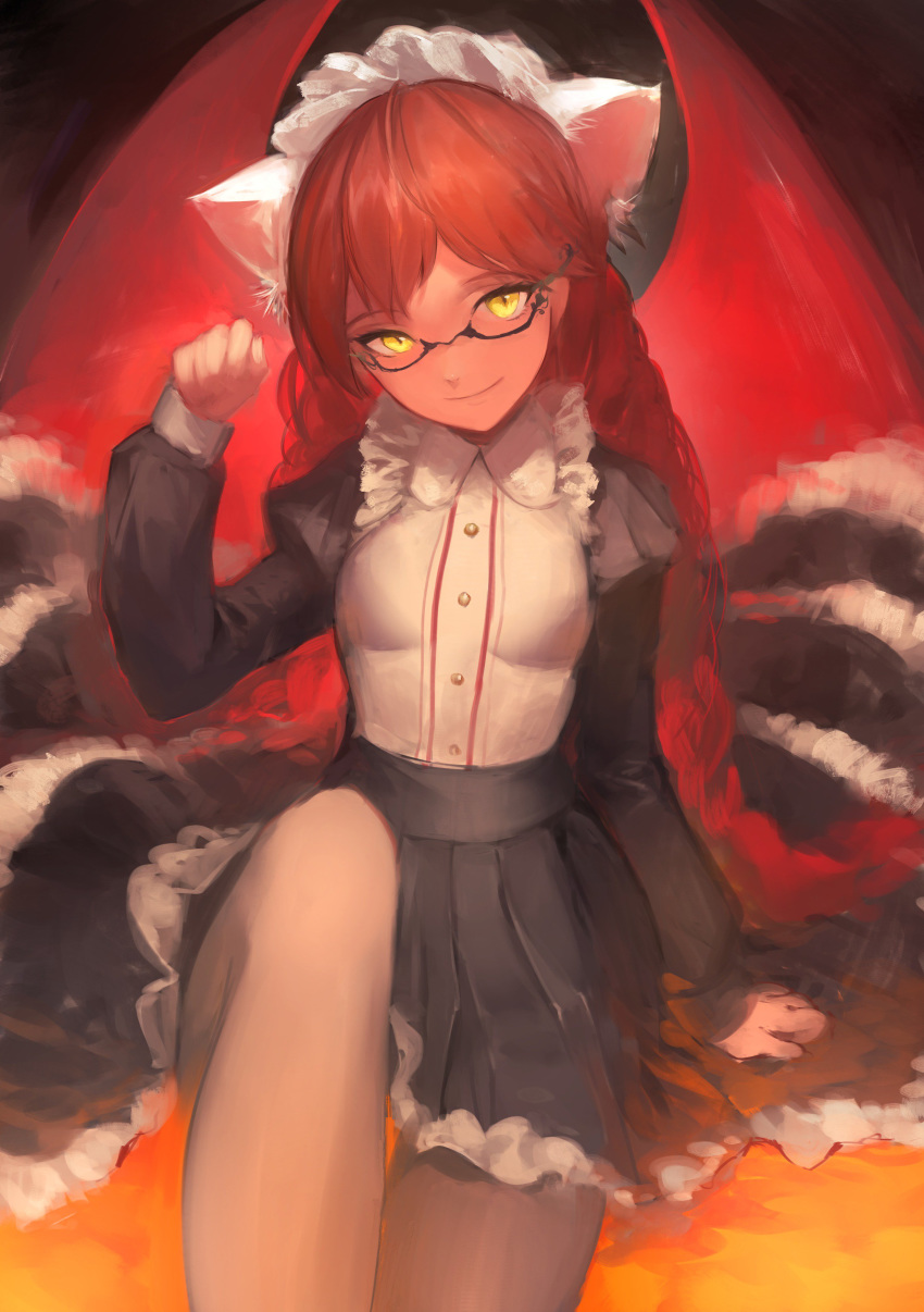 1girl absurdres animal_ears black_coat black_skirt braid brown_legwear cat_ears closed_mouth coat copyright_request glasses gloves hand_up hat highres hoojiro long_hair long_sleeves looking_at_viewer maid pantyhose paw_pose paws redhead revision semi-rimless_eyewear shirt sitting skirt slit_pupils smile solo strap_slip suspender_skirt suspenders twin_braids under-rim_eyewear very_long_hair white_gloves white_shirt yellow_eyes