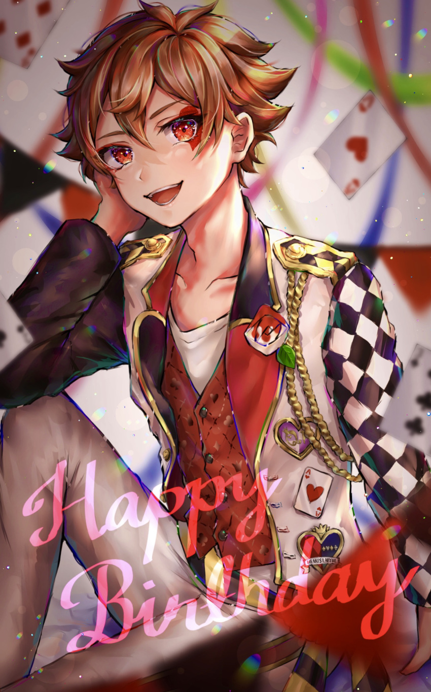 1boy ace_trappola card collarbone colorful flower formal hair_between_eyes hand_on_head heart highres looking_at_viewer multicolored multicolored_background open_mouth red_eyes redhead rose shiny short_hair sitting suit syatihoko twisted_wonderland