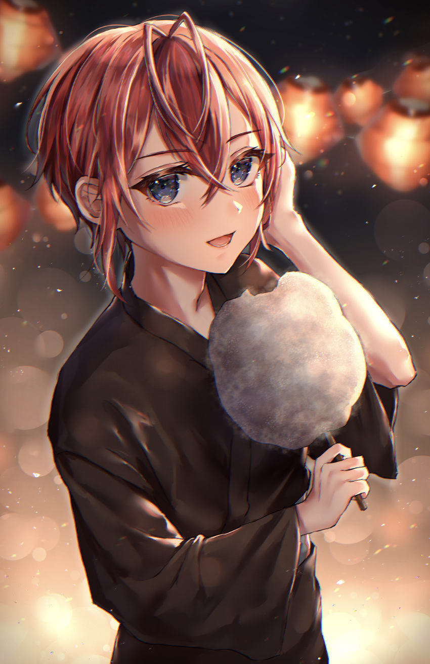 1boy absurdres bangs blue_eyes blush cotton_candy festival hand_on_own_head highres japanese_clothes kimono night open_mouth redhead riddle_rosehearts short_hair syatihoko twisted_wonderland yukata